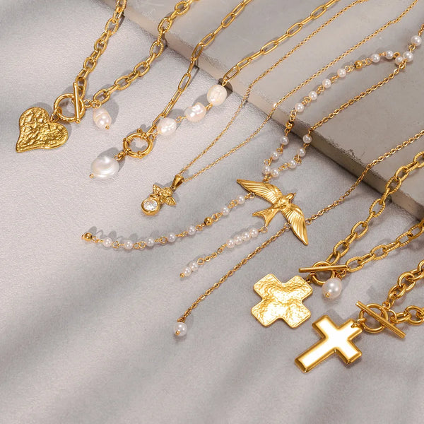 Sweater Chain Light Luxury High-End Pearl Necklace 304 Stainless Steel Cross Star Heart Shape Non-Fading Accessories for Women Autumn Winter 18K Gold Plated Jewelry