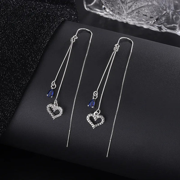 S925 Sterling Silver Long Dangle Earrings Women's Simple New Style Heart Shaped Blue Sapphire Ear Drop Earrings Luxury Fashion