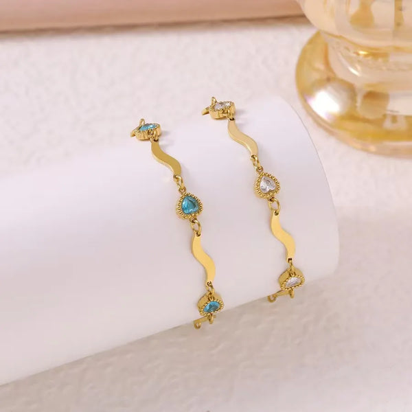 Heart Shape Waterproof Stainless Steel Bracelets for Women, Golden Electroplated with Rhinestone Inlay, O Chain