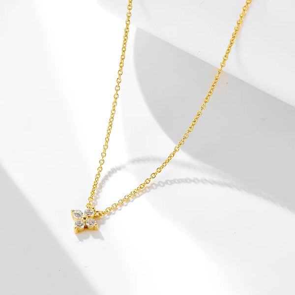 925 Sterling Silver 14K Gold Plated Diamond-Encrusted Clover Flower Pendant Necklace for Women Simple Everyday Versatile Petite Collarbone Chain
