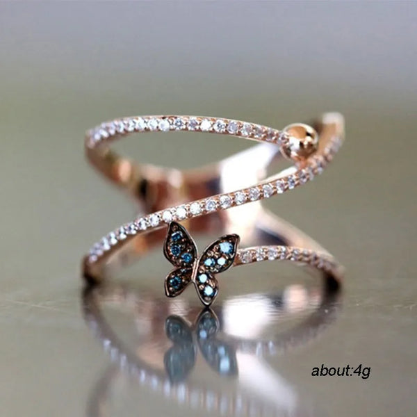 new creative blue butterfly shape micro-set zircon fashion ladies copper ring