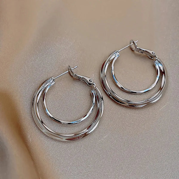 Double Layer Cut Silver Needle Electroplated 18K Gold Earrings Women's Fashion Simple Design Geometric Pattern Polished Finish