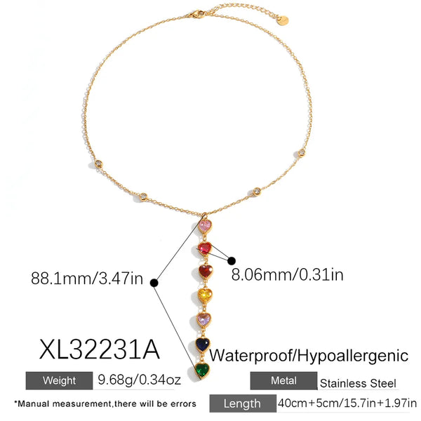 Heart Shape Necklace for Women, 18K Gold Plated 304 Stainless Steel with Glass Inlay and Cable Chain