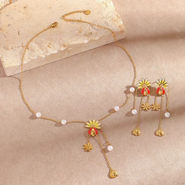 Titanium Steel Ladybug Necklace Exquisite Stainless Steel Necklace Earrings Can Be Set Stainless Steel 316L Necklace Casual Versatile Lobster Clasp Waterproof Non-Fading Suitable for Vacation