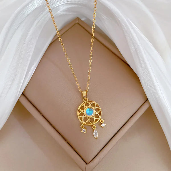 Titanium Steel Copper Gold Plated Inlay Dreamcatcher Shell Zircon Pendant Necklace