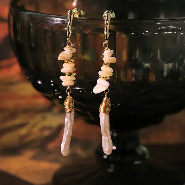 Original Baroque Pearl Layered Shell Stud Earrings 18k Real Gold Plated Geometric Earrings