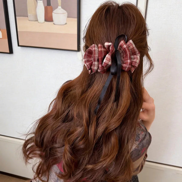 Plaid Preppy Style Hairpin for Women with Fabric Inlay, Made of Cloth, Available in Red