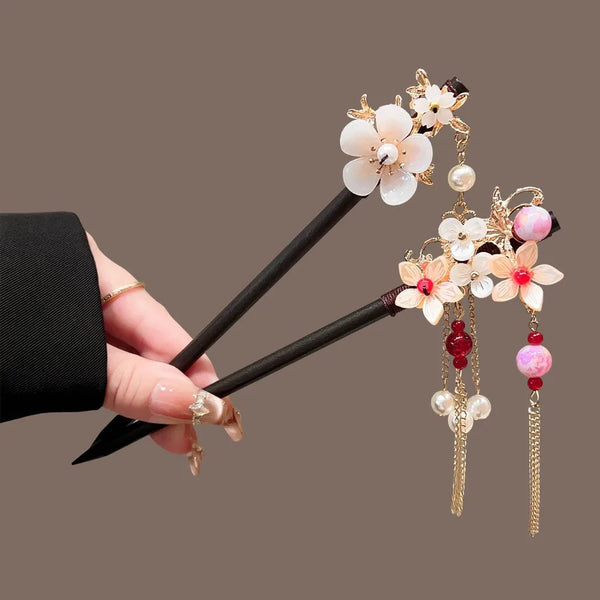 Wooden Hair Clip Traditional Chinese Style Women's Hair Accessory Bohemian Floral Print Bride Season Multi-Season Use