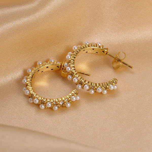 1 Pair Sweet Simple Style C Shape Plating Inlay 304 Stainless Steel Pearl 14K Gold Plated Earrings