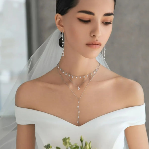 925 Sterling Silver Zircon cable chain Inlay Round Water Droplets Necklace