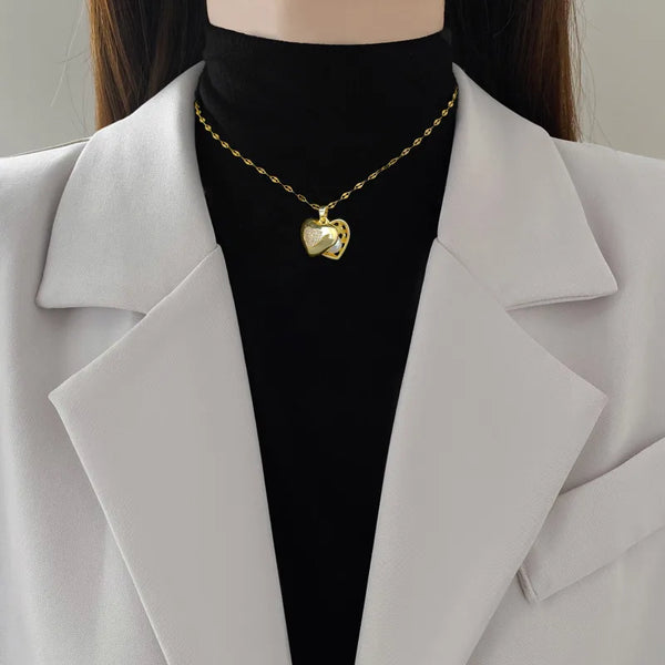 Titanium Steel Copper Gold Plated Inlay Heart Shape Artificial Pearls Zircon Pendant Necklace