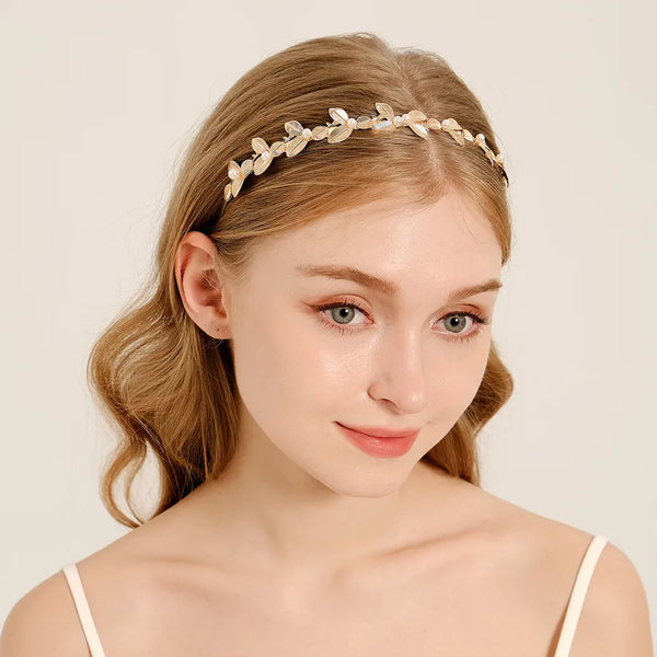 New Metal Hairband Women's Pearl Gold Leaf Drill Pressed Hair Accessory Versatile Daily Stylish Headwear Alloy Material