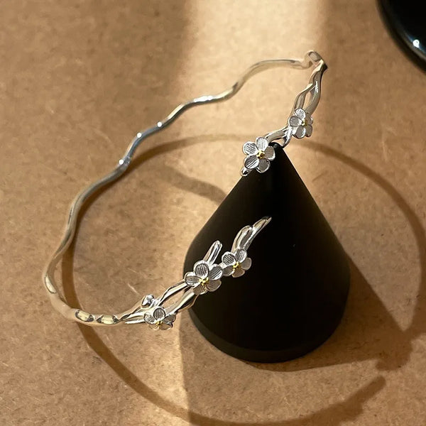 Rong Tree S925 Silver New Chinese Design Jasmine Flower Open Hand Bracelet Women's Artistic Minimalist Feeling Bracelet