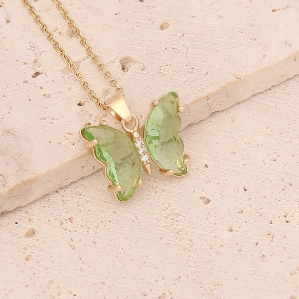 Stainless Steel 18K Gold Plated Fairy Style Inlay Butterfly Crystal Necklace