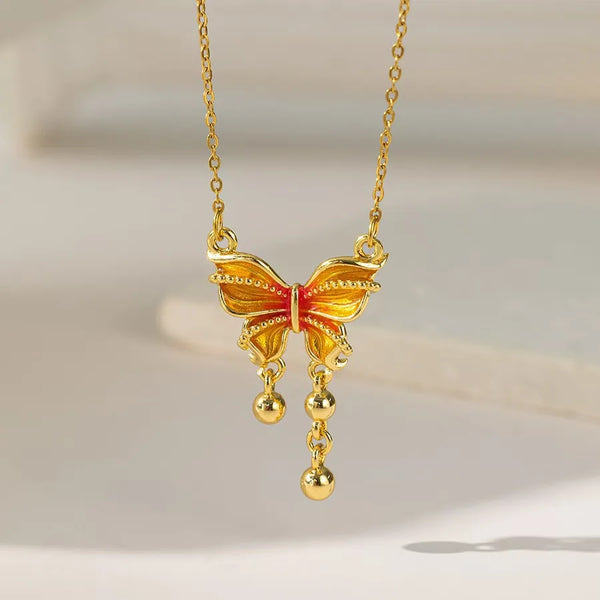 Butterfly Inlay Necklace for Women in Copper with 18K Real Gold Plated Water Plating and Artificial Rhinestones on Cable Chain