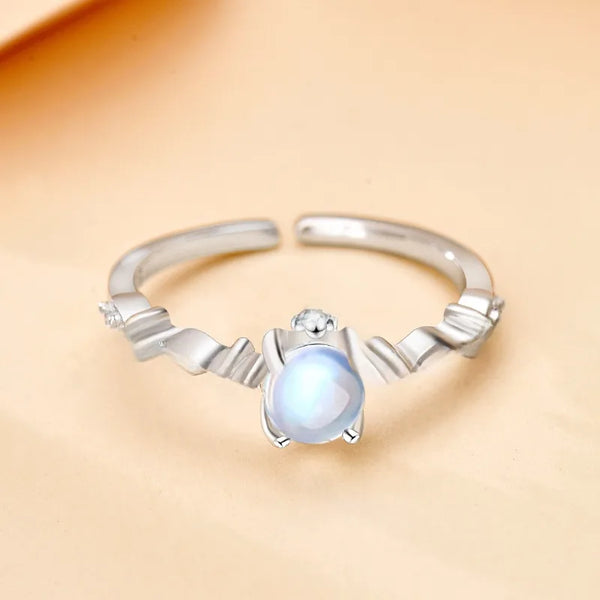 S925 Sterling Silver Dreamy Blue Light Moonstone Ring Adjustable Open Band Ring For Women Fairy Tale Style Geometric Pattern