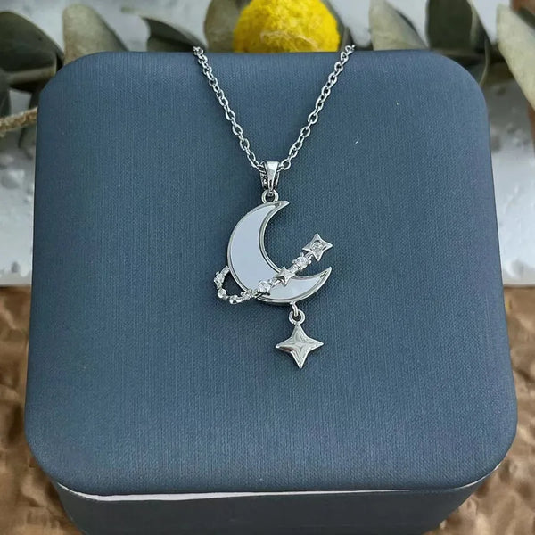 Titanium Steel Zirconia Moon And Planet Necklace For Women Heart Shaped Pendant Simple European Design Fashionable Lockbone Chain