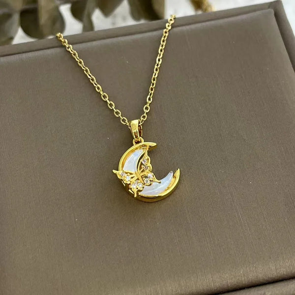 Fashionable Moon Butterfly Zirconia Necklace Titanium Steel Women's Versatile Lockbone Chain Creative Style Light Luxury