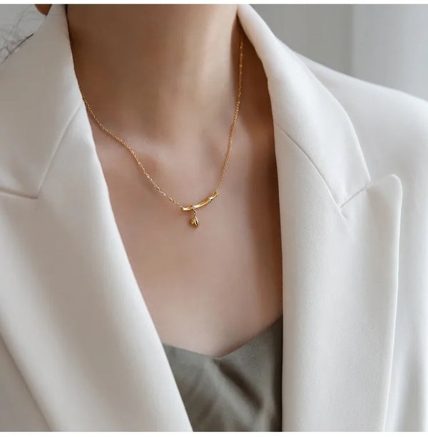 wholesale chinoiserie bamboo titanium steel 18k gold plated necklace