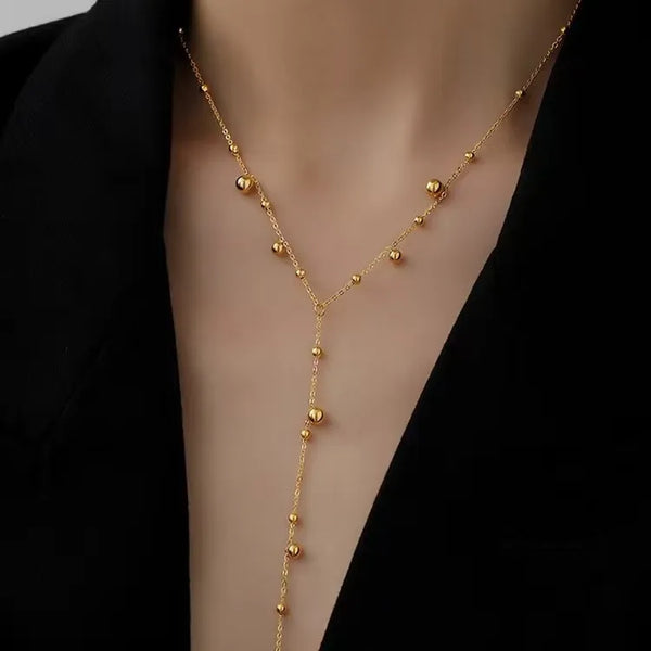 New 18K Gold Plated Long Tassel Bead Chain Necklace Women Stainless Steel Round Bead Tassel Pendant Necklace Jewelry Women