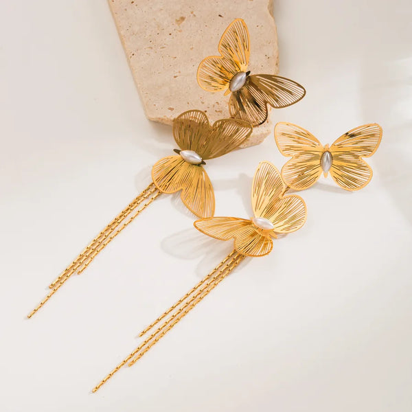 1 Pair Simple Style Flower Butterfly Inlay 304 Stainless Steel Artificial Pearls Zircon 18K Gold Plated Drop Earrings