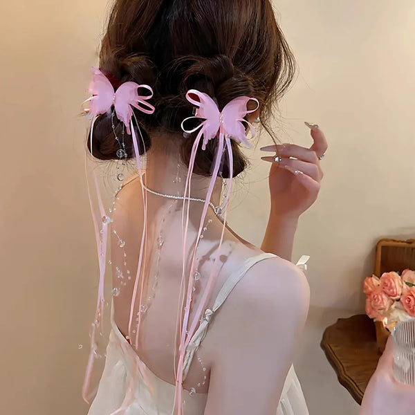 French Ballet Pink Butterfly Tassel Ribbon Hair Clip for Women Fairy Hair Accessory Hair Clip Hairband