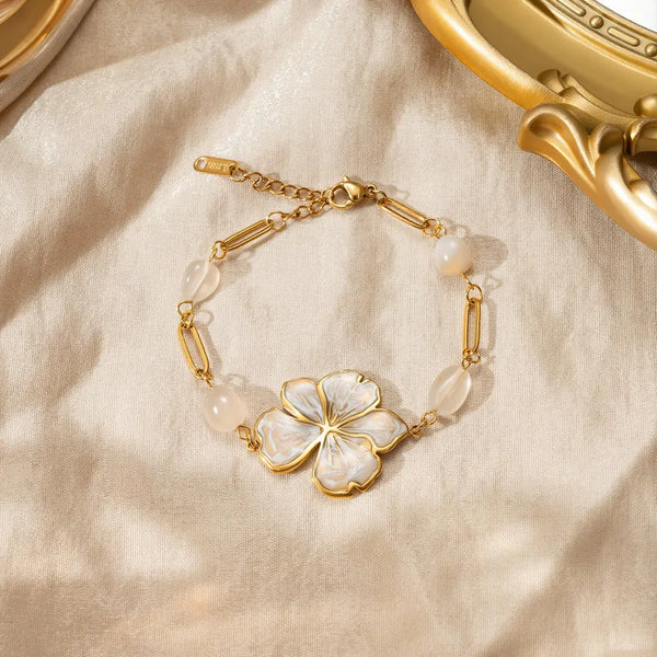 Flowers Beading Bracelet for Women in 304 Stainless Steel with 18K Gold Plated PVD Coating and Enamel Inlay