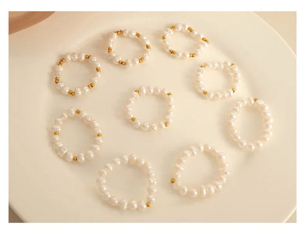 Natural Freshwater Pearl Small Gold Beads 304 Stainless Steel Plated 18K Real Gold Vacuum Electroplating Round Waterproof Non-Fading Ring