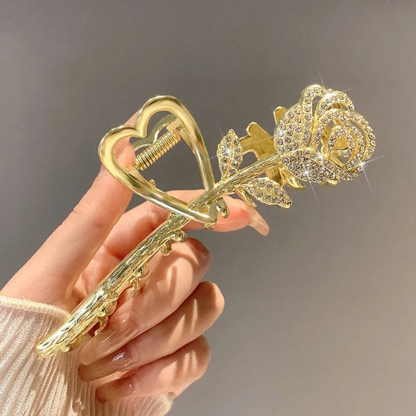 Sweet Rose Hair Claw for Women in Golden Metal with Rhinestone Inlay, Elegant Hairpin Accessory