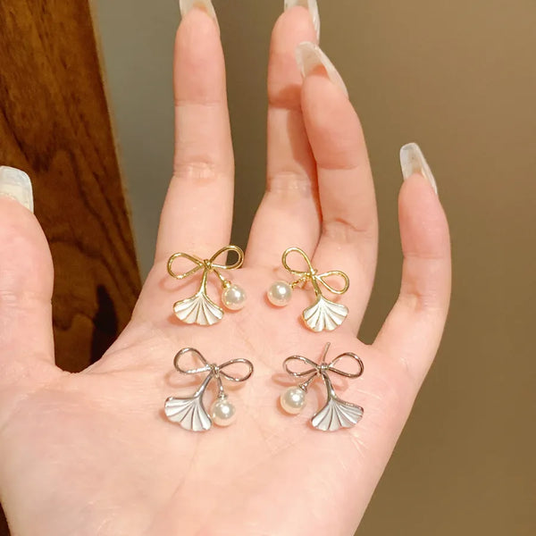 Ginkgo Leaf Stud Earrings for Women with 925 Sterling Silver Posts, Copper Base, 14K Gold Plated, Artificial Pearl Inlay
