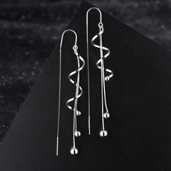S925 Sterling Silver Long Dangle Earrings Women Luxury Fashion Spiral Wave Pattern Trendy Jewelry Triangle Hexagon Line Craft