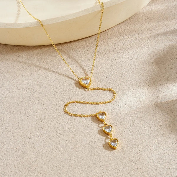 Gold-plated Diamond-encrusted Heart-shaped Chain Tassel Long Minimalist Necklace for Women