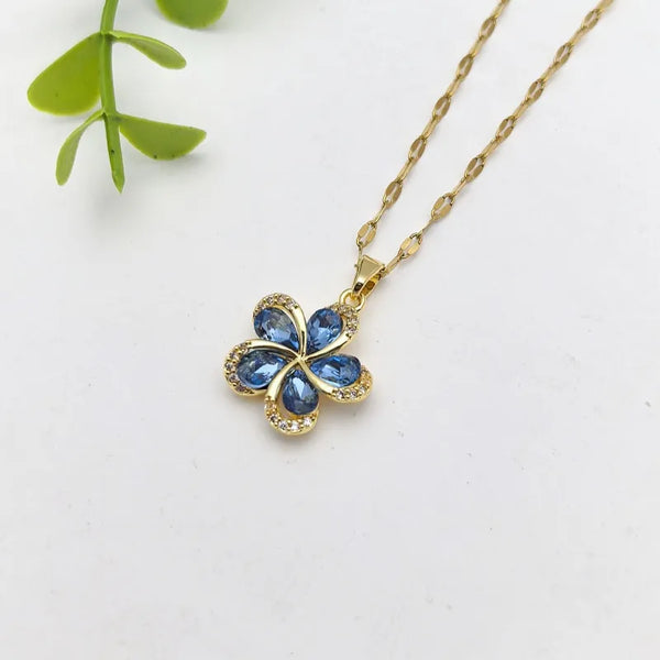 Handmade Flowers Necklace for Women in 201 Stainless Steel with Golden Electroplated Finish and Glass Inlay, Featuring Lip Chain