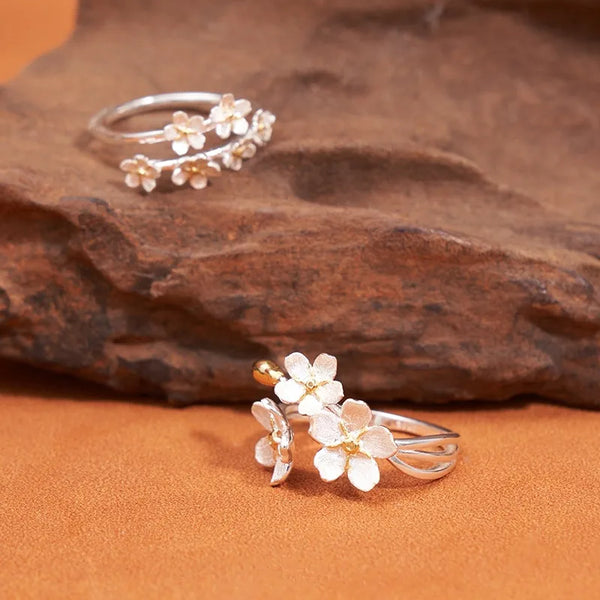 S925 Sterling Silver Vintage French Court Style 3D Flower Iris Ring Color Block Medieval Open Ring Bohemian Floral Print Jewelry
