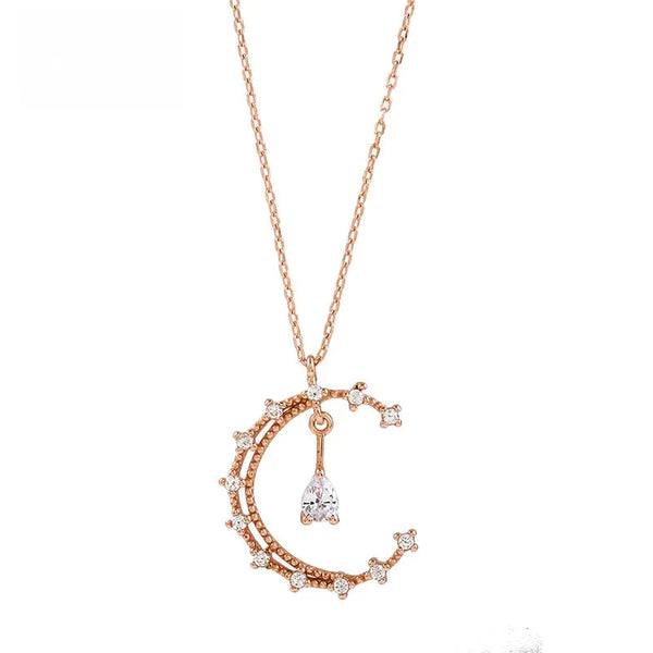 S925 Silver Moon Necklace Cute Double Layer Pendant Diamond Embedded Geometric Pattern Simple Style Jewelry Accessory