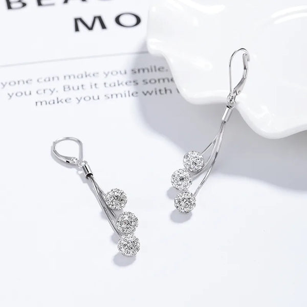 Elegant Long Dangle Earrings Women's 925 Sterling Silver Full Diamond Round Ball Tassel Fashionable Luxury Jewelry Accessories