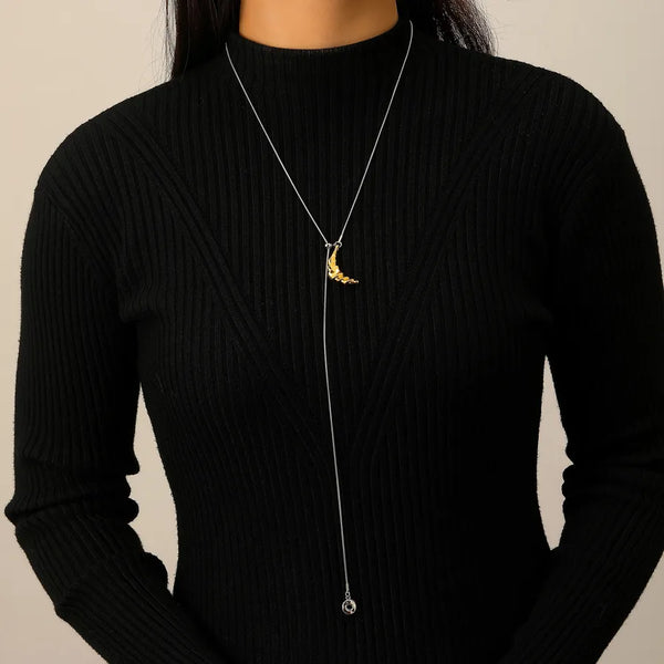 Moon Pattern Sweater Chain for Women Featuring Simple Style with Golden Plated Electroplated Snake Chain