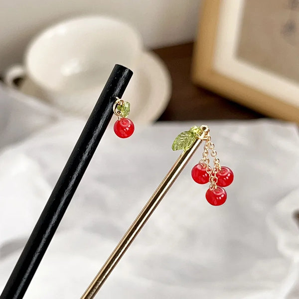 Elegant Wooden Hairpin Cherry Design Simple Fairy Atmosphere Hair Accessories For Women Hanfu Red Alloy Princess Style