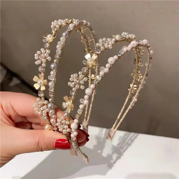 sweet geometric metal inlay artificial pearls rhinestones hair band