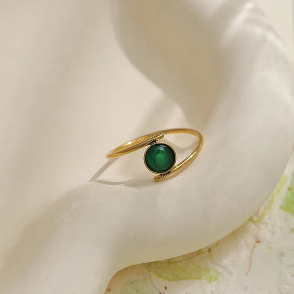 18K Gold Plated 304 Stainless Steel Vacuum Electroplating (In Furnace) Inlaid Green Round Natural Stone Ring Simple Style