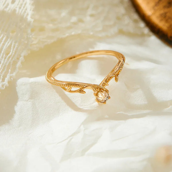 Leaf Pattern Ring for Women in 925 Sterling Silver with Natural Stone Inlay, Silver Finish