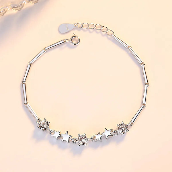 Fashionable Minimalist S925 Silver Zircon Star Connected Women's Bracelet Trendy Design Jewelry Simple Style Hand Accessory