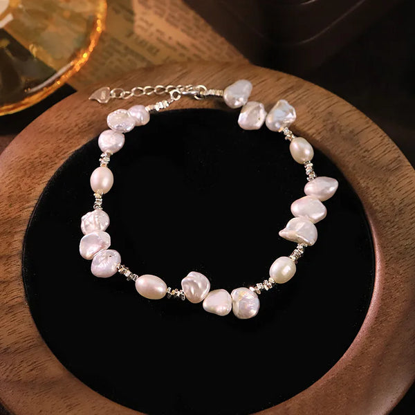 Geometric Freshwater Pearl Bracelet for Women with 925 Sterling Silver Cable Chain, Handmade