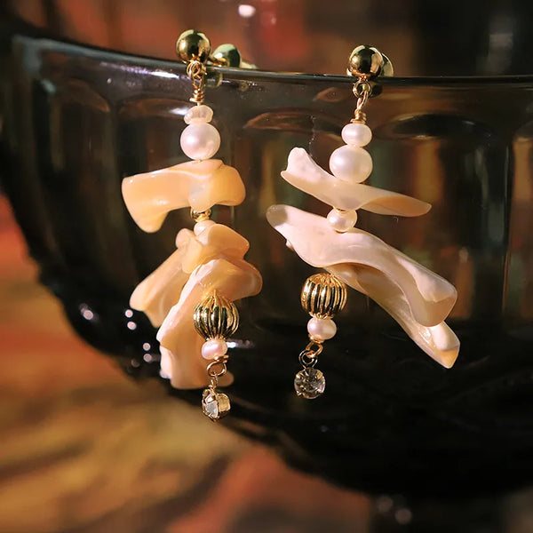Original Natural Pearl Geometric Edge Shell Zircon Earrings Handmade Ear Jewelry