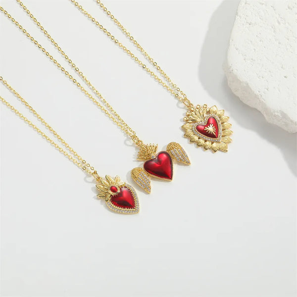 Copper 14K Gold Plated Enamel Inlay Heart Shape Wings Zircon Pendant Necklace
