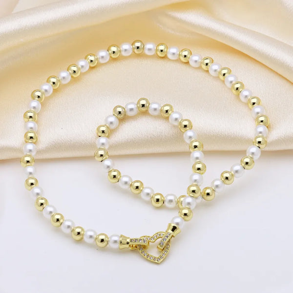 Wholesale Jewelry Casual Elegant Lady Heart Shape Bow Knot Copper Pearl Beaded Mixed Metal Necklace