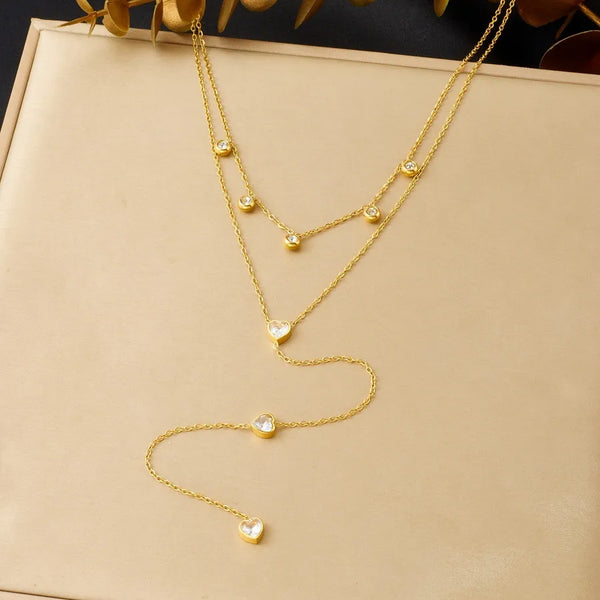 Double Layer Stacked Diamond-Encrusted Heart-Shaped Tassel 304 Stainless Steel Cable Chain Pendant Necklace