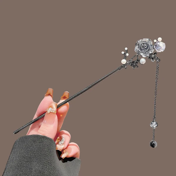 Chinoiserie Rose Hair Sticks for Women in Silver Alloy, Elegant Summer Hair Accessories