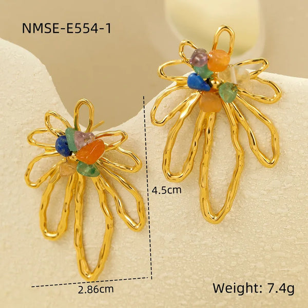 1 Pair Retro Geometric Plating 304 Stainless Steel Natural Stone 18K Gold Plated Ear Studs