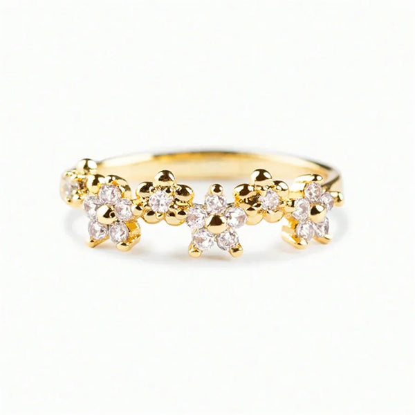 Women’s Flowers Ring with Claw Setting, Copper Base with KC Golden Water Plating, Featuring Zircon Inlay